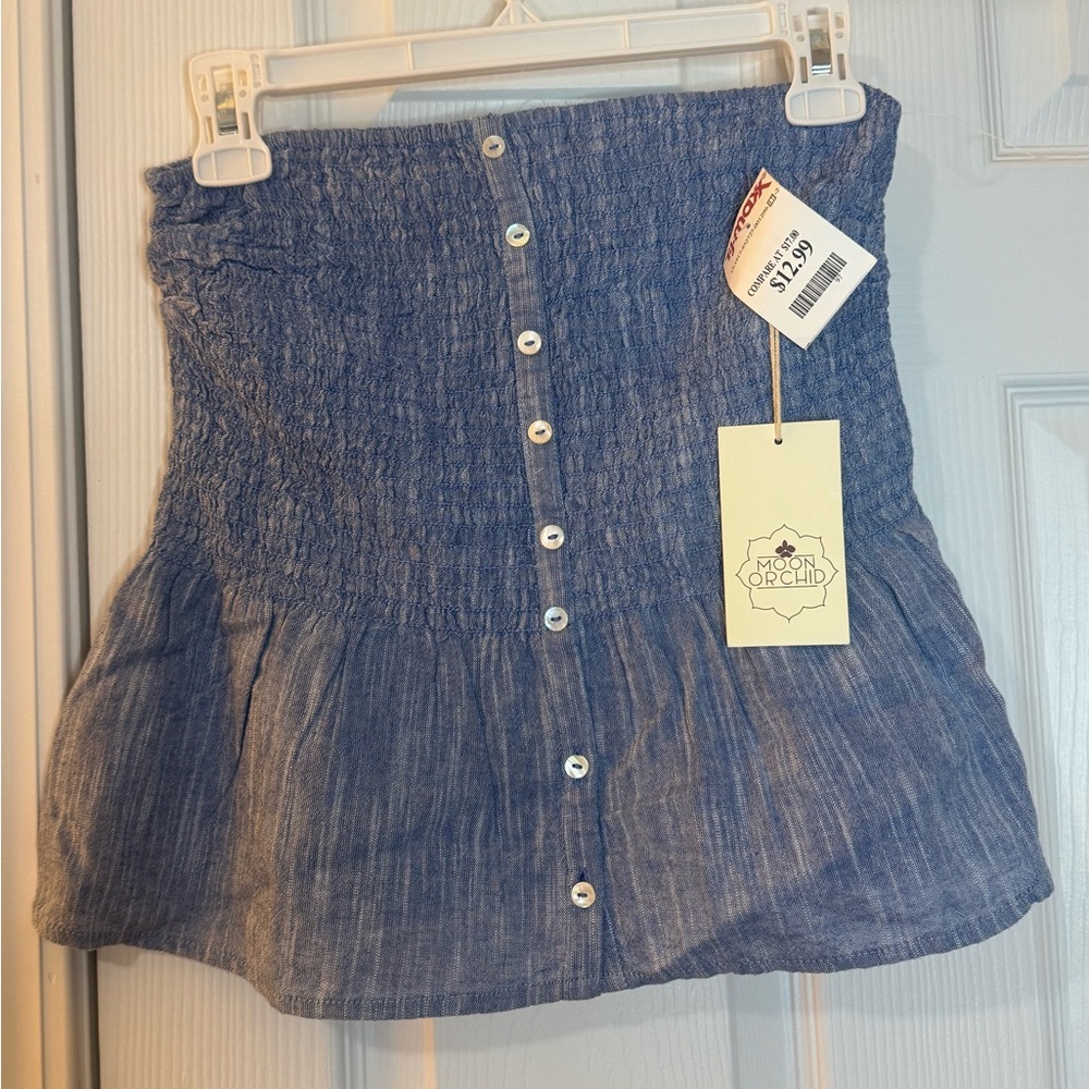 Blue Smocked Button-Down Crop Top